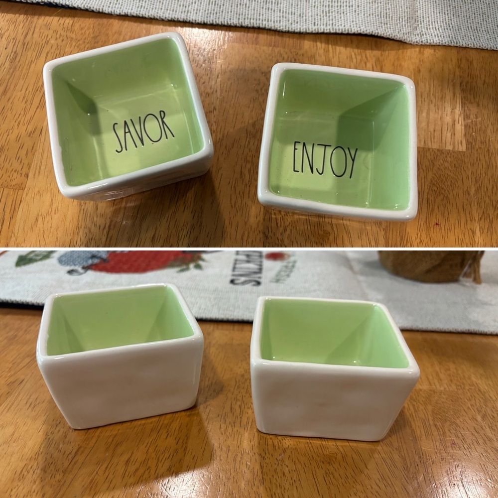 Rae Dunn Green and White Ceramic Square Bowls